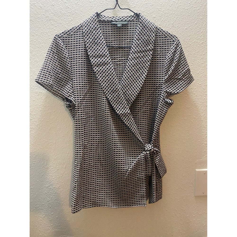 Adrianna Papell Wrap Blouse Women S Black Tan Geometric Short‎ Sleeve Excellent